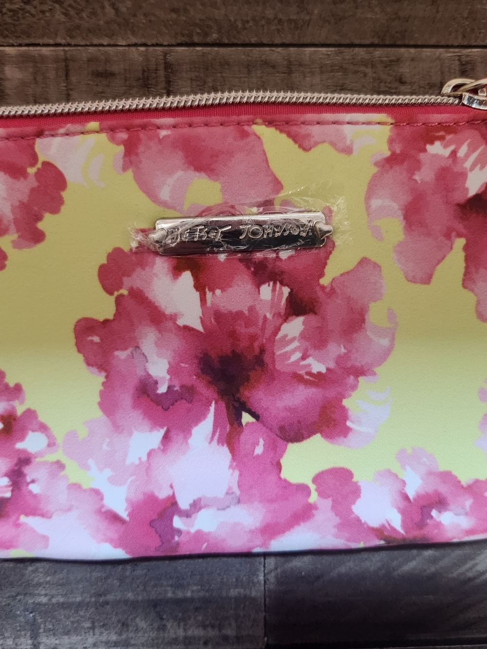 Betsey Johnson Pink Floral Cosmetic Pouch with Yellow Background